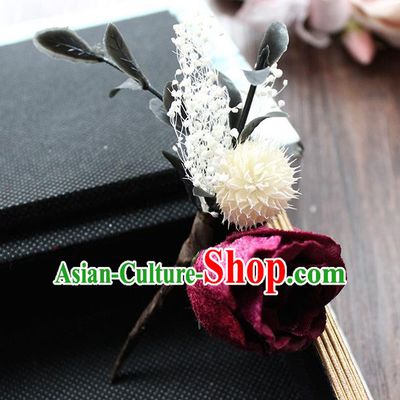 Top Grade Handmade Wedding Bride Hair Accessories Flower Hairpin, Traditional Princess Brooch Wedding Wine Red Rose for Women