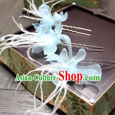 Top Grade Handmade Wedding Bride Hair Accessories Hairpins, Traditional Baroque Queen Feather Blue Silk Hair Stick Wedding Headpiece for Women