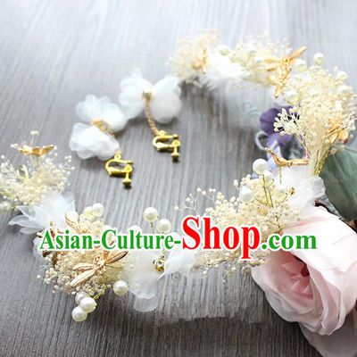 Top Grade Handmade Wedding Bride Hair Accessories Hair Clasp, Traditional Baroque Queen Feather Hairpins and Earrings Wedding Headpiece for Women