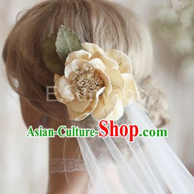 Top Grade Handmade Wedding Bride Hair Accessories Rose Hairpin, Traditional Princess Wedding Headwear Veil for Women