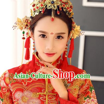 Top Grade Chinese Handmade Wedding Hair Accessories, Traditional China Xiuhe Suit Phoenix Coronet Bride Hanfu Tassel Hairpins Complete Set for Women
