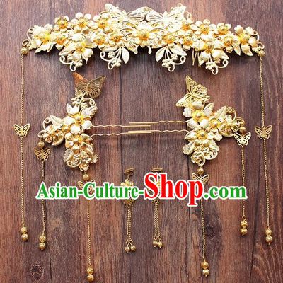 Top Grade Chinese Handmade Wedding Hair Accessories Complete Set, Traditional China Xiuhe Suit Bride Hanfu Tassel Hairpins Headwear for Women