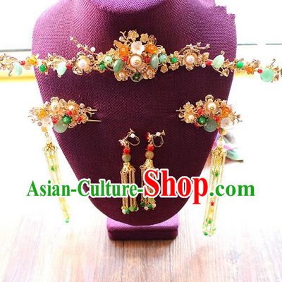Top Grade Chinese Handmade Wedding Jade Hair Accessories Complete Set, Traditional China Xiuhe Suit Bride Hanfu Tassel Hairpins Headwear for Women