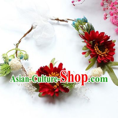 Top Grade Handmade Wedding Bride Hair Accessories Headwear Garland, Traditional Princess Crystal Wedding Red Flowers Headpiece for Women
