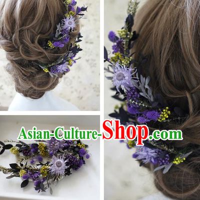 Top Grade Handmade Wedding Bride Hair Accessories Purple Flowers Hairpins, Traditional Princess Baroque Headpiece Complete Set for Women