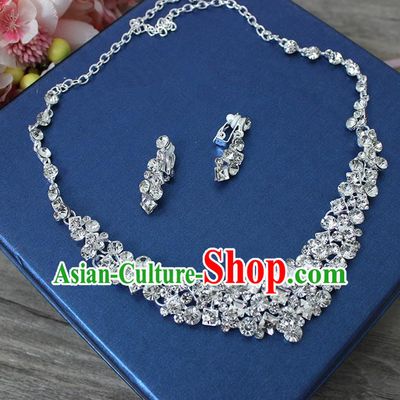Top Grade Handmade Wedding Bride Accessories CZ Diamond Necklace and Long Earrings Complete Set, Traditional Princess Crystal Wedding Jewelry for Women
