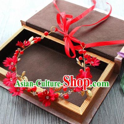 Top Grade Handmade Wedding Bride Hair Accessories Hair Band, Traditional Princess Wedding Red Flowers Hair Clasp Headwear for Women