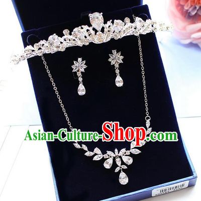 Top Grade Handmade China Wedding Bride Accessories Zircon Crown Necklace and Earrings, Traditional Princess Wedding Jewelry for Women