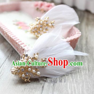Top Grade Handmade Wedding Bride Hair Accessories Feather Hairpin Hair Clip, Traditional Princess Baroque Pearl Headpiece for Women