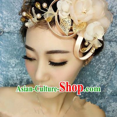 Top Grade Handmade Wedding Bride Hair Accessories Champagne Flower Hairpin Hair Clip, Traditional Princess Baroque Pearl Headpiece for Women