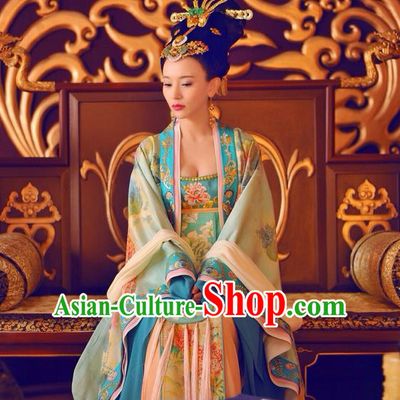 Traditional Ancient Chinese Imperial Concubine Costume and Headpiece Complete Set, Elegant Hanfu Clothing Chinese Tang Dynasty Palace Lady Embroidered Dress Clothing