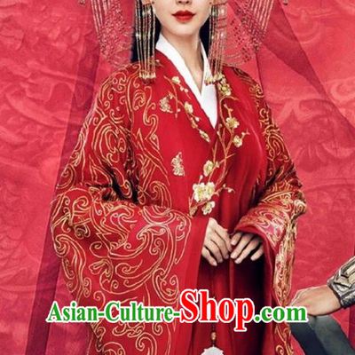 Traditional Chinese Imperial Princess Wedding Costume and Handmade Headpiece Complete Set, Chinese Style Ancient Hanfu Bride Wedding Embroidered Red Dress for Women