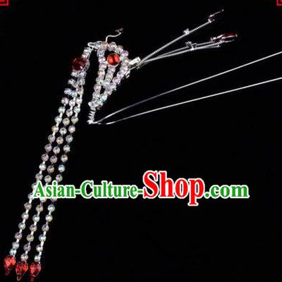 Chinese Ancient Peking Opera Head Accessories Diva Red Crystal Long Tassel Phoenix Hairpins, Traditional Chinese Beijing Opera Princess Hua Tan Hair Clasp Head-ornaments