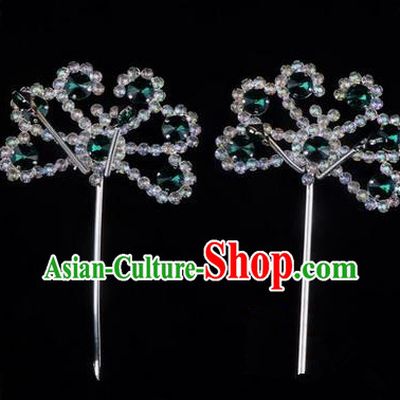 Chinese Ancient Peking Opera Hair Accessories Young Lady Diva Green Crystal Beads Hairpins, Traditional Chinese Beijing Opera Hua Tan Head Ornaments Hair Clasp
