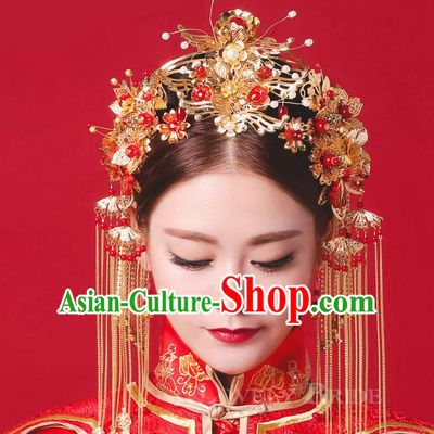 Top Grade Chinese Handmade Wedding Hair Accessories Complete Set, Traditional China Xiuhe Suit Bride Forehead Ornament Phoenix Coronet Hanfu Tassel Hairpins Headwear for Women