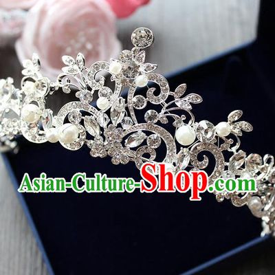 Top Grade Handmade Wedding Hair Accessories Bride Luxury Crystal Crown, Traditional Baroque Princess Pearl Royal Crown Wedding Headwear for Women