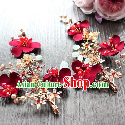 Top Grade Handmade Wedding Bride Hair Accessories Headwear Red Flowers Hair Stick, Traditional Princess Baroque Headpiece for Women