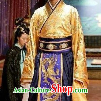Traditional Chinese Ancient Warring States Palace King Costumes and Handmade Headpiece Complete Set, Song of Phoenix Chu State Emperor Hanfu Embroidered Clothing for Men