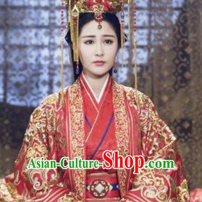 Traditional Chinese Ancient Warring States Palace Princess Costumes and Handmade Headpiece Complete Set, Song of Phoenix Chu State Infanta Bride Wedding Hanfu Embroidered Clothing for Women