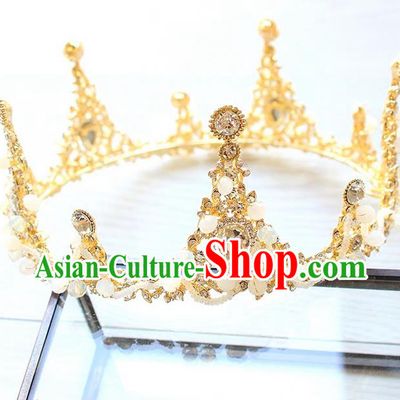 Top Grade Handmade Wedding Hair Accessories Bride Luxury Crystal Round Golden Crown, Traditional Baroque Princess Royal Crown Wedding Headwear for Women