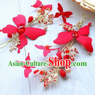 Top Grade Handmade Wedding Bride Hair Accessories Red Butterfly Headwear, Traditional Princess Baroque Hair Stick Headpiece for Women