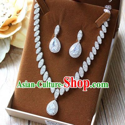 Top Grade Handmade China Wedding Bride Accessories Zircon Necklace and Earrings, Traditional Princess Wedding Crystal Earbob Jewelry for Women