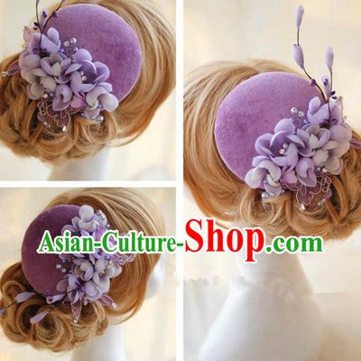Top Grade Handmade Wedding Bride Hair Accessories Hat, Traditional Princess Baroque Purple Flowers Top Hat Headpiece for Women
