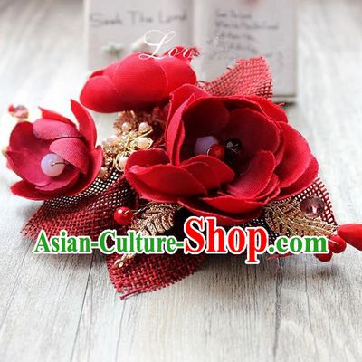 Top Grade Handmade Wedding Bride Hair Accessories Linen Red Flowers Hair Claws, Traditional Princess Baroque Hair Stick Headpiece for Women