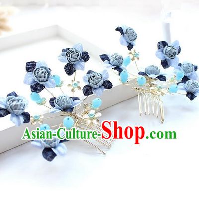 Top Grade Handmade Wedding Bride Hair Accessories Blue Flowers Hair Combs, Traditional Princess Baroque Hair Stick Headpiece for Women