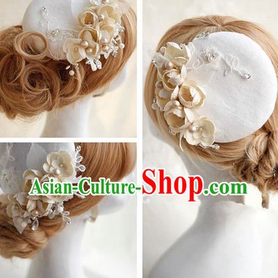 Top Grade Handmade Wedding Bride Hair Accessories Lace Hat, Traditional Princess Baroque Beige Flowers Top Hat Headpiece for Women