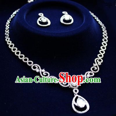 Top Grade Handmade China Wedding Bride Accessories Zircon Earrings and Necklace, Traditional Princess Wedding Crystal Earbob Jewelry for Women