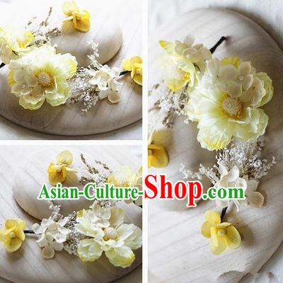 Top Grade Handmade Wedding Bride Hair Accessories Yellow Silk Flower Hair Stick Complete Set, Traditional Princess Baroque Hairpins Headpiece for Women