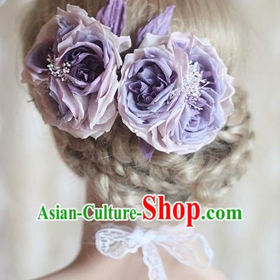 Top Grade Handmade Wedding Bride Hair Accessories Purple Silk Rose Flower Hair Stick, Traditional Princess Baroque Hairpin Headpiece for Women