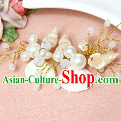 Top Grade Handmade Wedding Bride Hair Accessories Pearl Shell Hair Claws, Traditional Princess Baroque White Beads Hair Stick Headpiece for Women