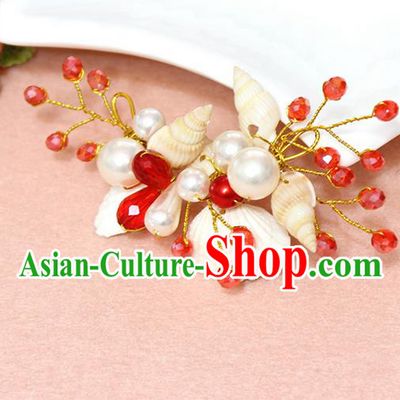 Top Grade Handmade Wedding Bride Hair Accessories Pearl Shell Hair Claws, Traditional Princess Baroque Red Beads Hair Stick Headpiece for Women