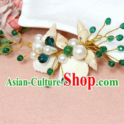 Top Grade Handmade Wedding Bride Hair Accessories Pearl Shell Hair Claws, Traditional Princess Baroque Green Beads Hair Stick Headpiece for Women
