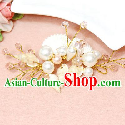 Top Grade Handmade Wedding Bride Hair Accessories Pearl Shell Hair Claws, Traditional Princess Baroque Pink Beads Hair Stick Headpiece for Women