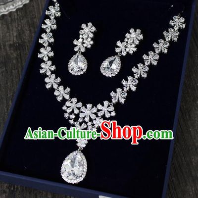 Top Grade Handmade China Wedding Bride Accessories Zircon Necklace and Earrings, Traditional Princess Wedding Crystal Earbob Jewelry for Women