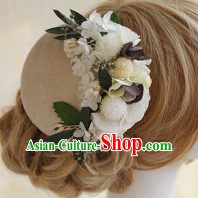 Top Grade Handmade Wedding Bride Hair Accessories Beige Flowers Hats, Traditional Princess Baroque Top Hat Headpiece for Women
