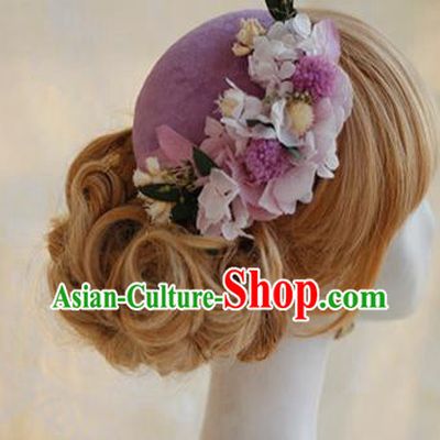 Top Grade Handmade Wedding Bride Hair Accessories Purple Flowers Hats, Traditional Princess Baroque Top Hat Headpiece for Women