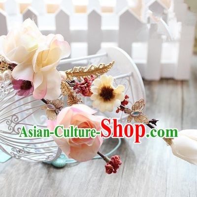 Top Grade Handmade Wedding Hair Accessories Bride Flowers Head Clips, Traditional Princess Baroque Hair Stick Headpiece for Women