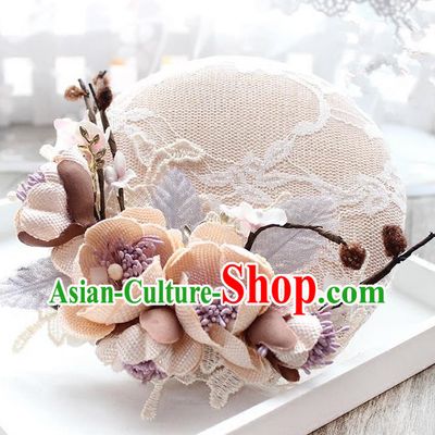 Top Grade Handmade Wedding Bride Hair Accessories Beige Flowers Lace Hats, Traditional Princess Baroque Top Hat Headpiece for Women