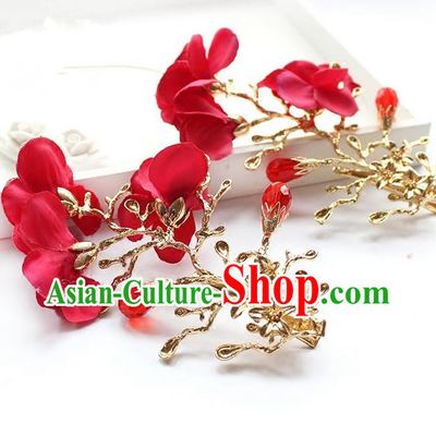 Top Grade Handmade Wedding Bride Hair Accessories Red Flowers Hair Stick, Traditional Princess Baroque Hair Clips Headpiece for Women