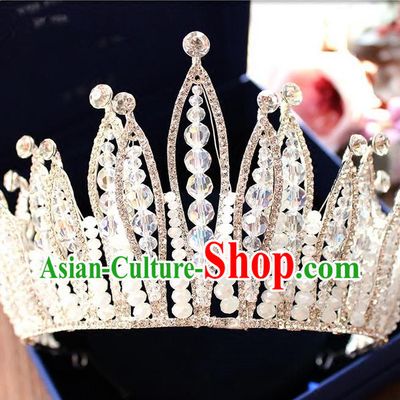 Top Grade Handmade Wedding Hair Accessories Bride Luxury Beads Crown, Traditional Baroque Crystal Royal Crown Wedding Headwear for Women