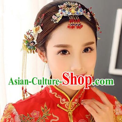 Top Grade Chinese Handmade Wedding Jade Blueing Hair Accessories Complete Set, Traditional China Xiuhe Suit Bride Tassel Hairpins Headwear for Women