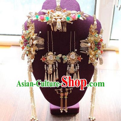 Top Grade Chinese Handmade Wedding Jade Beads Hair Accessories, Traditional China Xiuhe Suit Bride Phoenix Coronet Butterfly Tassel Hairpins Headwear for Women