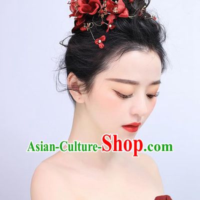 Top Grade Handmade Wedding Bride Hair Accessories Red Hairpins, Traditional Princess Baroque Hair Claws Headpiece for Women