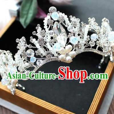 Top Grade Handmade Wedding Hair Accessories Bride Luxury Pearl Queen Crown, Traditional Baroque Crystal Royal Crown Wedding Headwear for Women