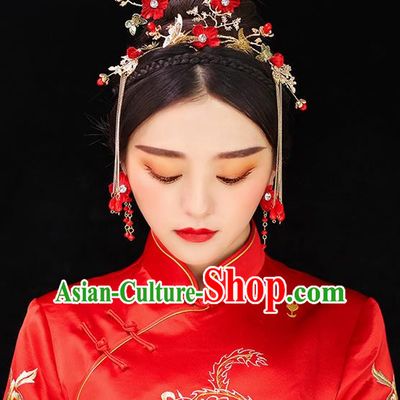 Top Grade Chinese Handmade Wedding Red Flowers Hair Accessories Complete Set, Traditional China Xiuhe Suit Bride Phoenix Coronet Butterfly Tassel Hairpins Headwear for Women