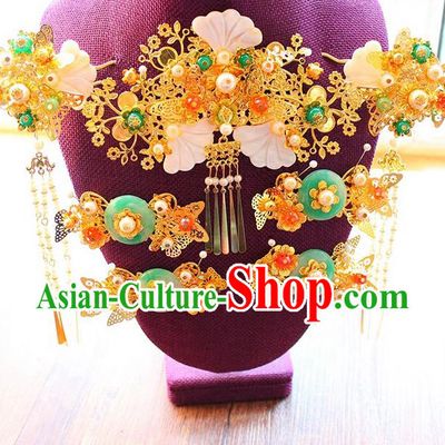 Top Grade Chinese Handmade Wedding Jade Hair Accessories Complete Set, Traditional China Xiuhe Suit Bride Phoenix Coronet Tassel Hairpins Headwear for Women